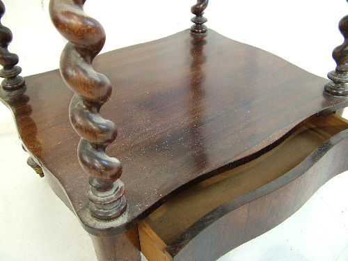 Victorian rosewood three tier what-not, the shaped shelves supported by barley twist columns, a - Image 4 of 6