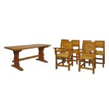 Tom 'Gnome Man' Whittaker of Littlebeck - Oak seven piece dining suite comprising: oak rectangular