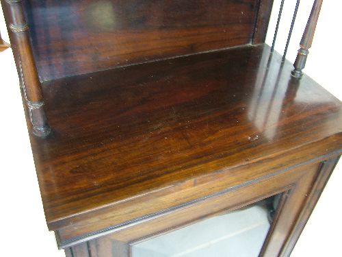 Early Victorian rosewood chiffonier, the raised back fitted open shelves supported by turned - Image 2 of 5