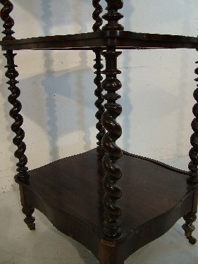 Victorian rosewood three tier what-not, the shaped shelves supported by barley twist columns, a - Image 5 of 6