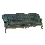 Victorian spoon back three seater drawing room sofa upholstered in deep buttoned green dralon and