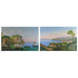 19th Century Neapolitan School - Pair of oils on canvas - View Of A Coastal Town, A Volcano In The