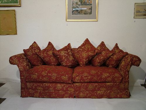 Pair of good quality modern three seater sofas, having splayed arms and with gilt stylised floral - Image 2 of 7