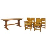 Tom 'Gnome Man' Whittaker of Littlebeck - Oak seven piece dining suite comprising: oak rectangular