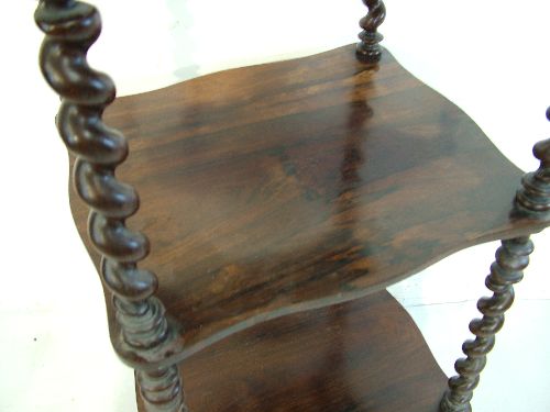 Victorian rosewood three tier what-not, the shaped shelves supported by barley twist columns, a - Image 3 of 6