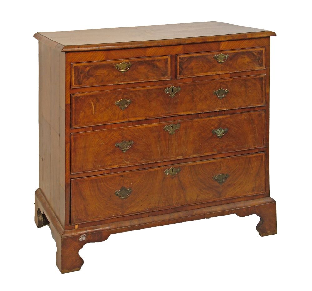 Antique figured and burr walnut veneered chest fitted two short and three long graduated drawers,