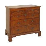 Antique figured and burr walnut veneered chest fitted two short and three long graduated drawers,