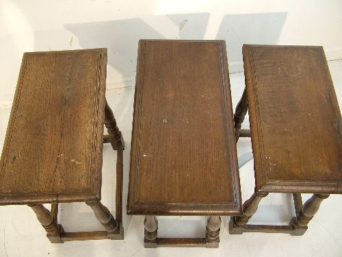 Three antique 17th Century style oak joint stools, each standing on turned supports united by - Image 5 of 6