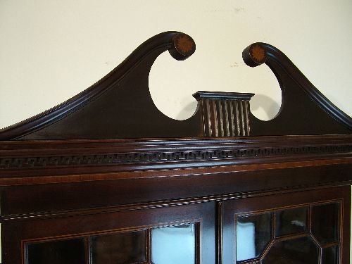 String inlaid mahogany secretaire bookcase, the upper section fitted a swan neck pediment, four - Image 3 of 8