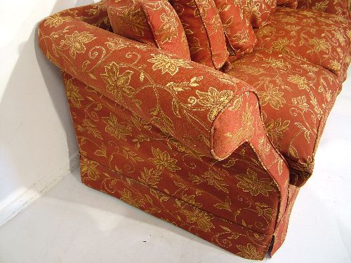 Pair of good quality modern three seater sofas, having splayed arms and with gilt stylised floral - Image 3 of 7