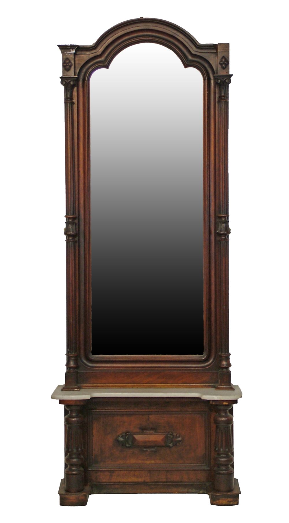 Large late Victorian full length mirror having an arch shaped plate flanked by turned and fluted