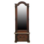 Large late Victorian full length mirror having an arch shaped plate flanked by turned and fluted