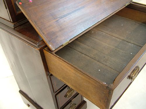 String inlaid mahogany secretaire bookcase, the upper section fitted a swan neck pediment, four - Image 5 of 8