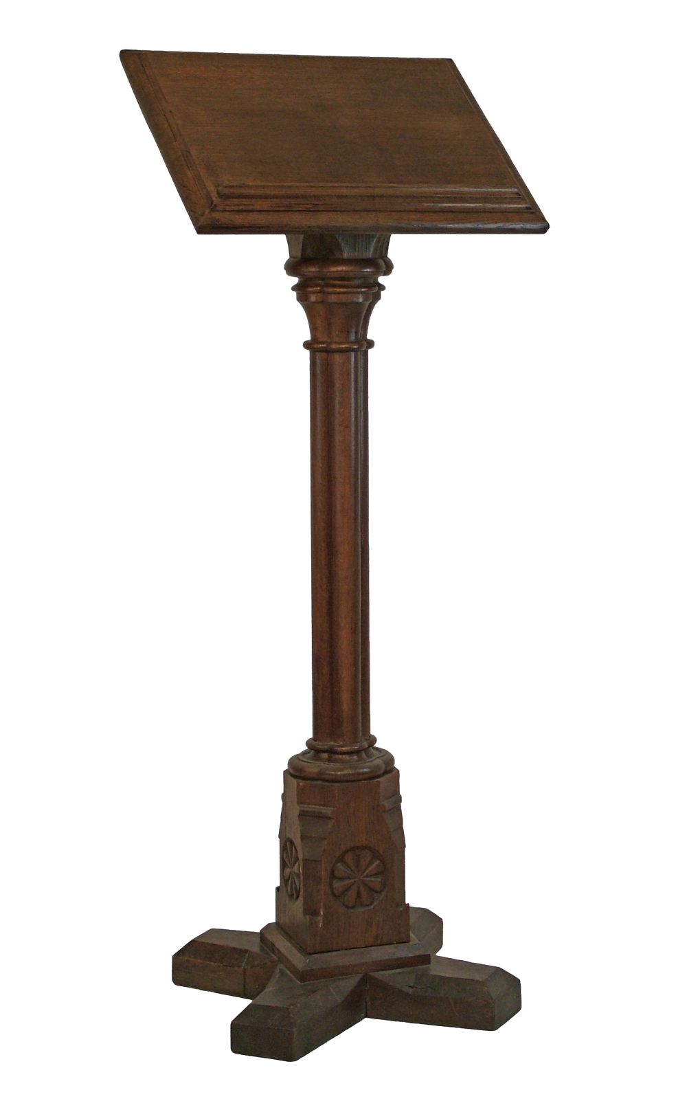 Victorian oak Gothic design lectern standing on a turned and reeded pillar and carved