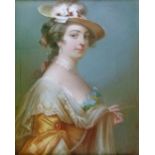 19th Century English School - Pastel - Portrait of an 18th Century lady wearing a feathered hat