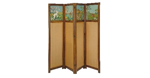 Mid 20th Century mahogany stained beech framed four fold screen, each fitted with a finely - Image 2 of 8