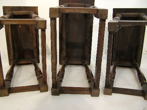 Three antique 17th Century style oak joint stools, each standing on turned supports united by - Image 6 of 6