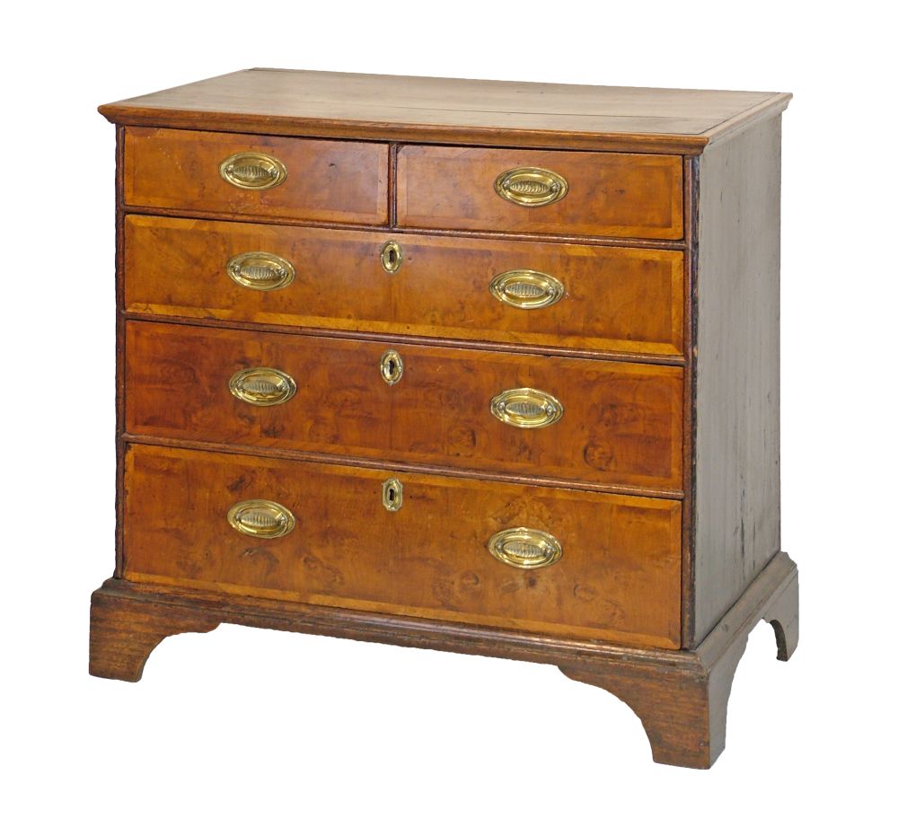 Antique chest having an oak top, pine sides and fitted two short and three long walnut veneered