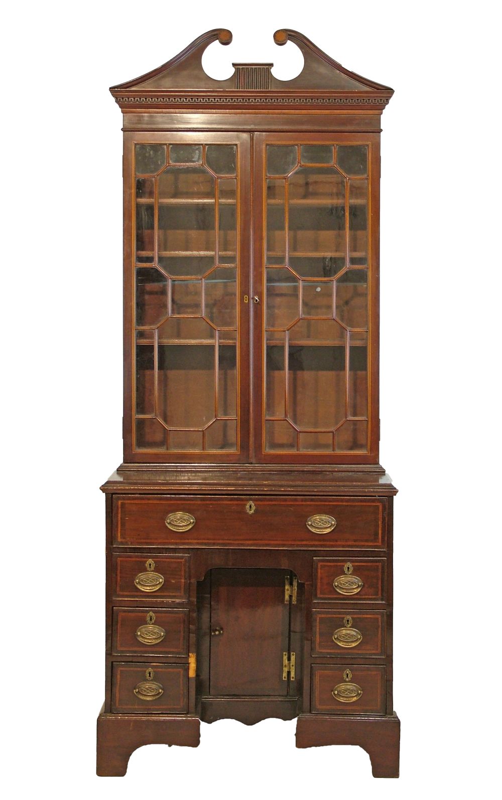 String inlaid mahogany secretaire bookcase, the upper section fitted a swan neck pediment, four