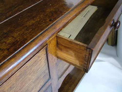 19th Century oak high dresser, the plate rack with moulded cornice, shaped apron below and fitted - Image 6 of 8