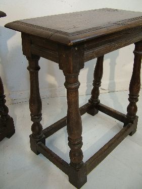 Three antique 17th Century style oak joint stools, each standing on turned supports united by - Image 4 of 6