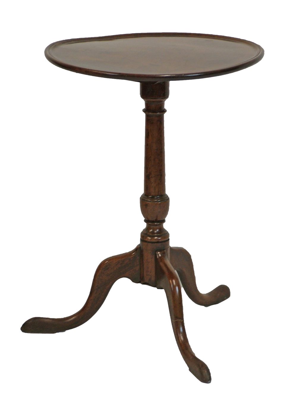 George III mahogany snap top wine table having a circular dish top and standing on a turned pillar