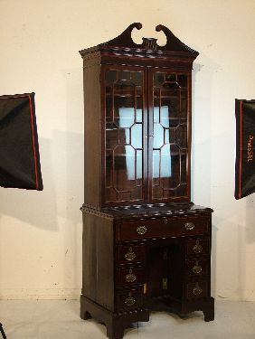 String inlaid mahogany secretaire bookcase, the upper section fitted a swan neck pediment, four - Image 2 of 8