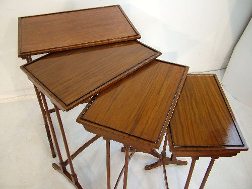 Set of Edwardian satinwood and walnut rectangular top quartetto tables, each standing on slender - Image 2 of 5