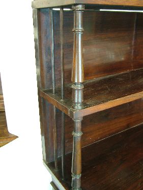 Early Victorian rosewood chiffonier, the raised back fitted open shelves supported by turned - Image 4 of 5