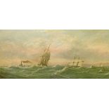 Robert Moore (Contemporary) - Oil on canvas - Seascape with sailing vessels, 34cm x 72.5cm A.R.