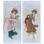 20th Century French School - Pair of oils on board - Winter landscapes with young ladies in late