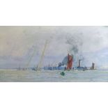 William Lionel Wyllie (1851-1931) - Watercolour - Seascape with paddle steamer, yachts and other