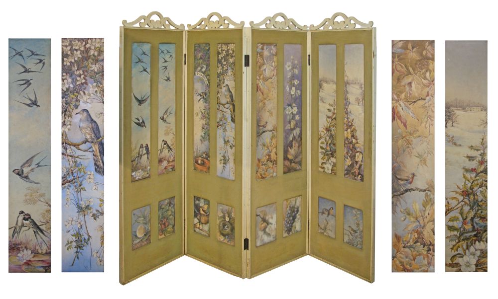 Late 19th Century cream painted framed four fold screen, each panel with Aesthetic style