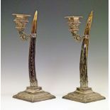 Pair of 19th Century electroplate and stag antler candlesticks, each having a square sconce with
