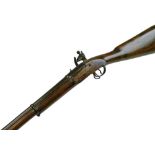19th Century East India Company flintlock musket, round steel sighted barrel 90cm with fixed rear