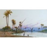 Otto Tilche (19th/20th Century) - Watercolour - A riverside desert scene with palm trees and figures