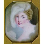 19th Century French School - Miniature on enamel - Portrait of a lady wearing a feathered hat and