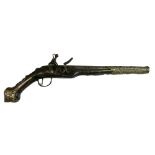 18th Century Ottoman flintlock holster pistol, round 32cm barrel with large engraved silver metal