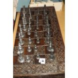 PEWTER CHESS/BACKGAMMON  SETIN CARVED BOX