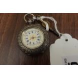 LADIES SILVER CASED POCKET WATCH WITH GILT AND ENAMEL FACE