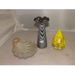 3 GLASS ITEMS ,SHELL SHAPED DISH,YELLOW PAPERWEIGHT & RED VASE WITH STRIPED PATTERN