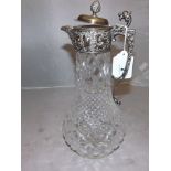 GLASS CLARET JUG SILVER MOUNTED REPOSSE TOP WITH A PINEAPPLE KNOB SPLIT ON TOP RIM 12" TALL LONDON