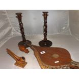 OLD WOODEN BELLOWS CANDLESTICKS PIPE & WHISTLE