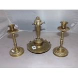 PAIR OF BRASS CANDLESTICKS 7" TALL ON ROUND BASE & EGYPTIAN STYLE INCESS BURNER