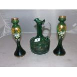 PAIR OF BOTTLE GREEN BUD VASES 8" TALL DECORATED WITH FLORAL ENAMEL & GILT + BOTTLE GREEN JUG ,