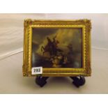SMALL OIL PAINTING ON BOARD MILITARY ENGAGEMENT GILT FRAMED