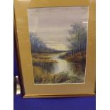 WATER COLOUR OF RIVER SCENE 13ins X 9ins SIGNED  PMM  1894