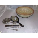 MIXED LOT DENBY BOWL  SILVER BUTTON HOOK & PLATED HAND MIRROR ETC