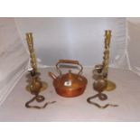 TWO PAIRS OF BRASS CANDLESTICKS & COPPER KETTLE