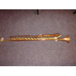 COPPER HUNTING HORN AND TWO WALKING STICKS